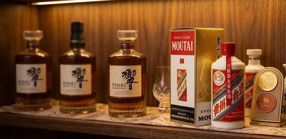 Warm-lit shelf with Hibiki whisky and Kweichow Moutai